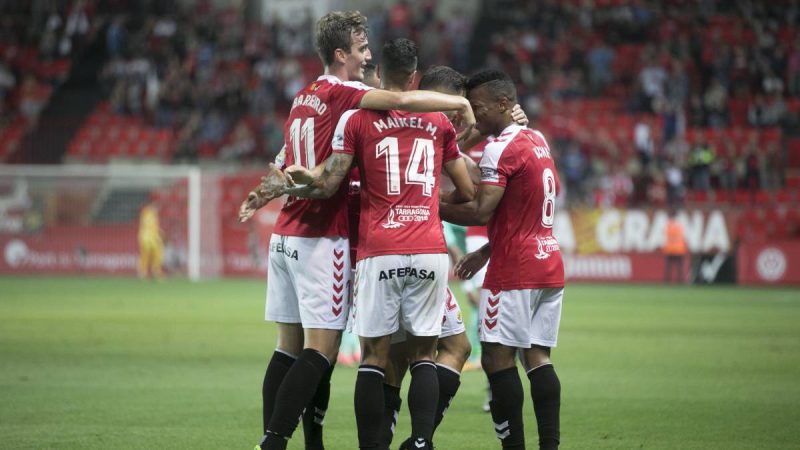 Manu Barreiro, Maikel Mesa i Uche celebren un gol al Nou Estadi. | Foto: As