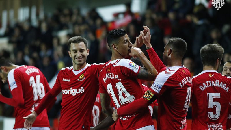 Maikel Mesa i Xavi Molina van ser protagonistes de la victòria. Foto: Gimnàstic de Tarragona